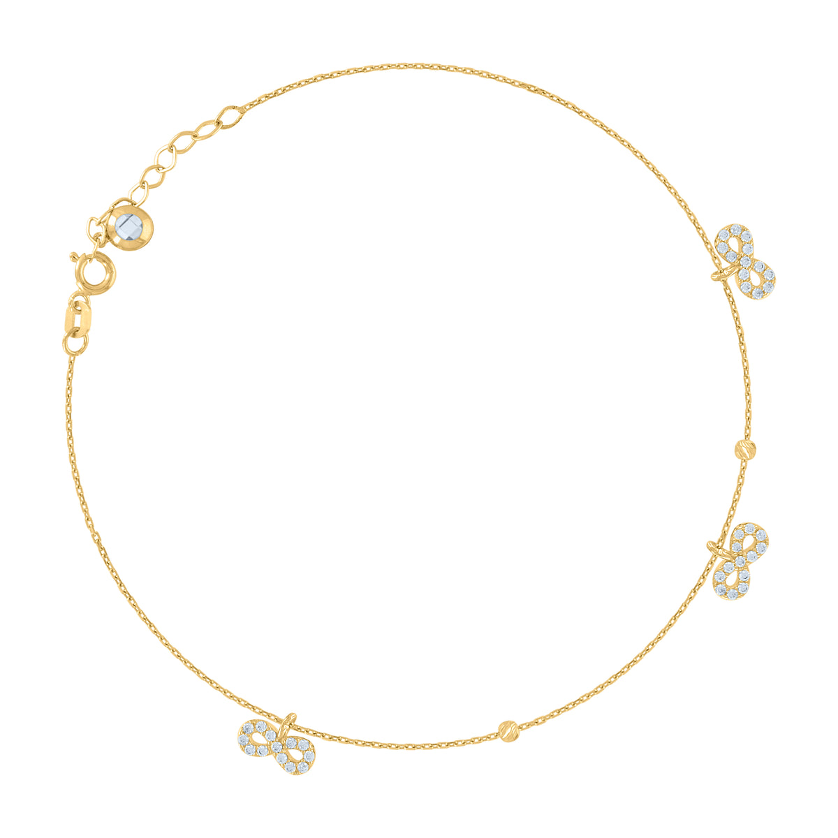10K Yellow Gold Womens Cubic-Zirconia Beaded Infinity Charm Anklet Size 10 Inches
