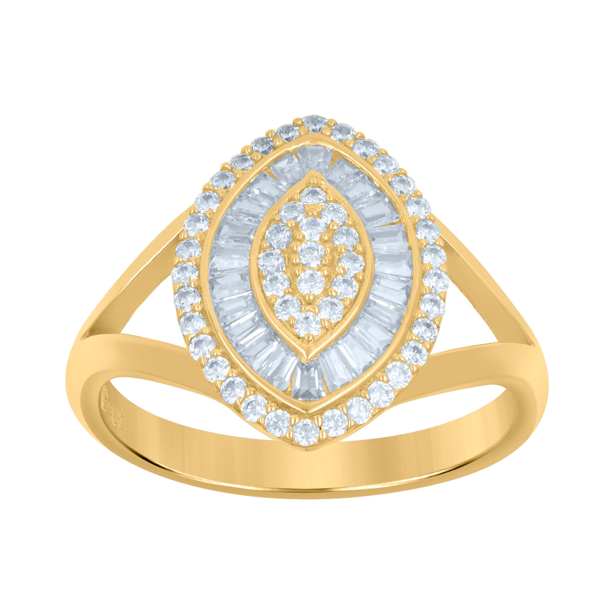 10K Yellow Gold Womens Baguette Round Cubic-Zirconia Marquise Head Fashion Ring