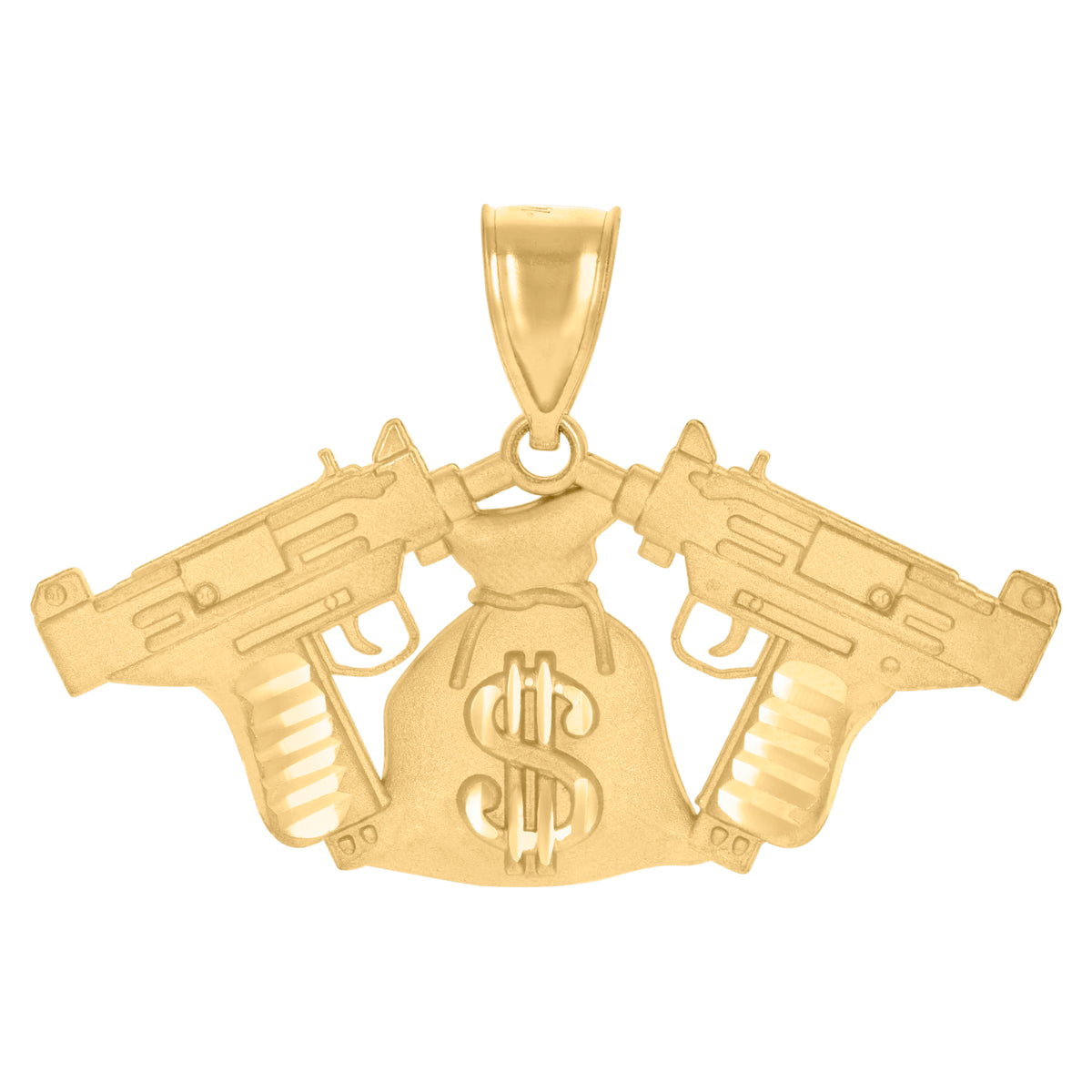 10K Yellow Gold Mens Gun Money Bag Currency Charm Pendant