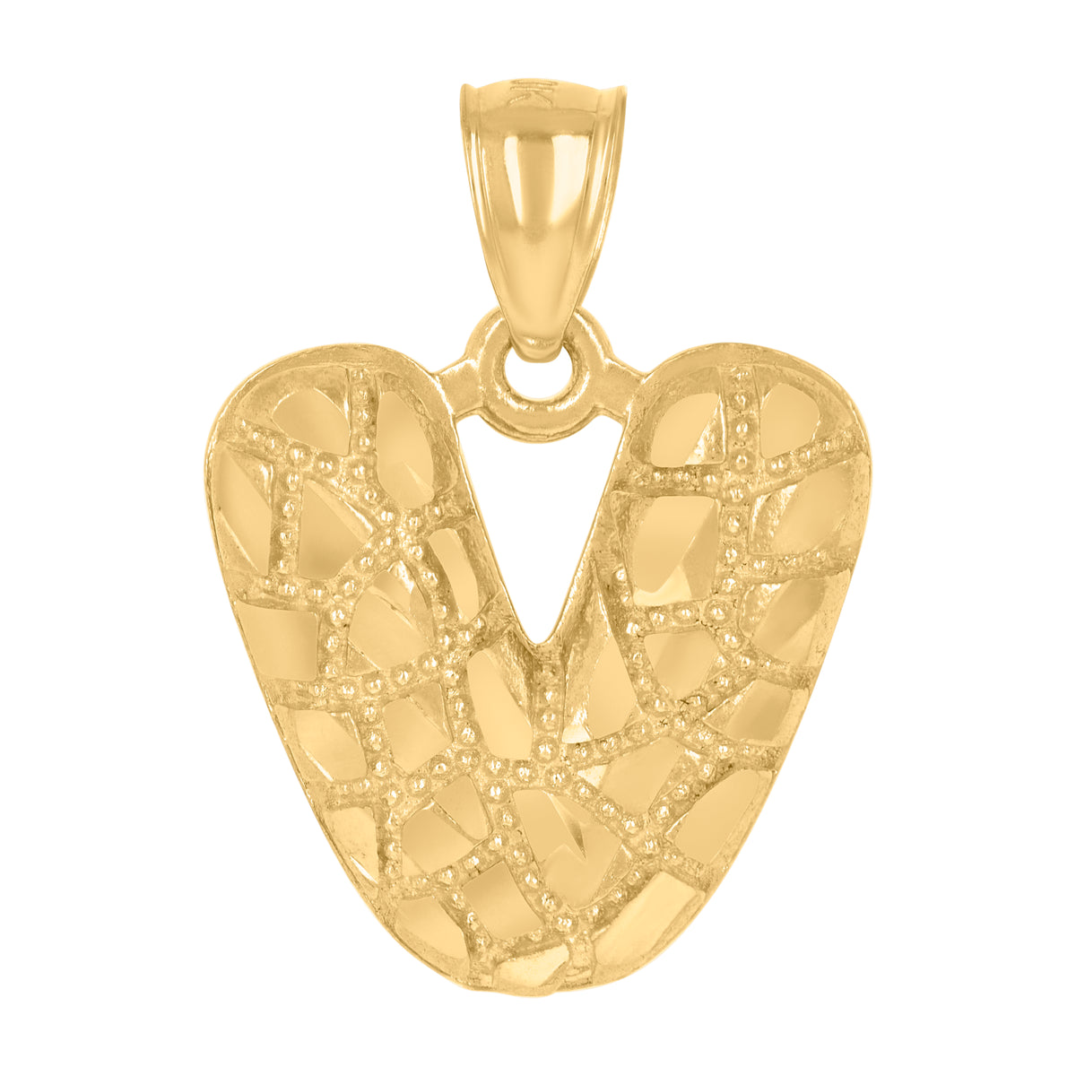 10K Yellow Gold Unisex Initial Alphabet V Nugget Charm Pendant