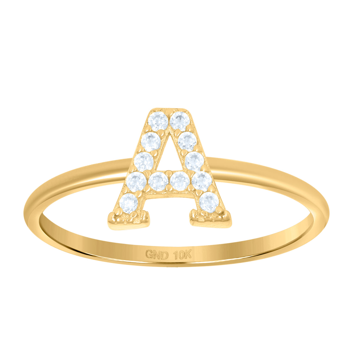 10K Yellow Gold Womens Cubic Zirconia Initial Alphabet A Ring