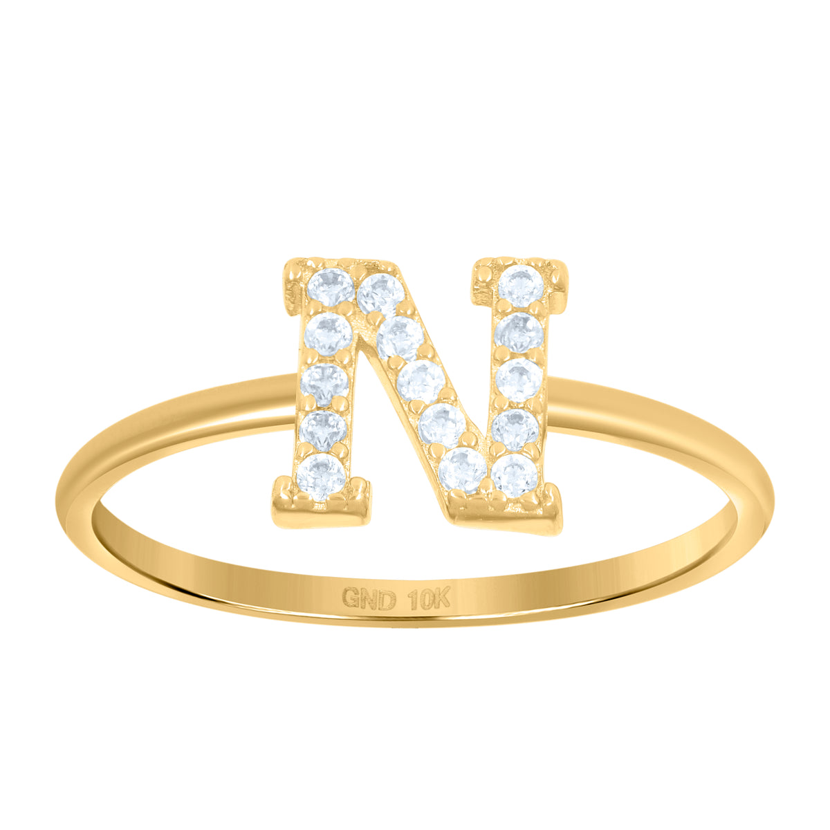 10K Yellow Gold Womens Cubic Zirconia Initial Alphabet N Ring