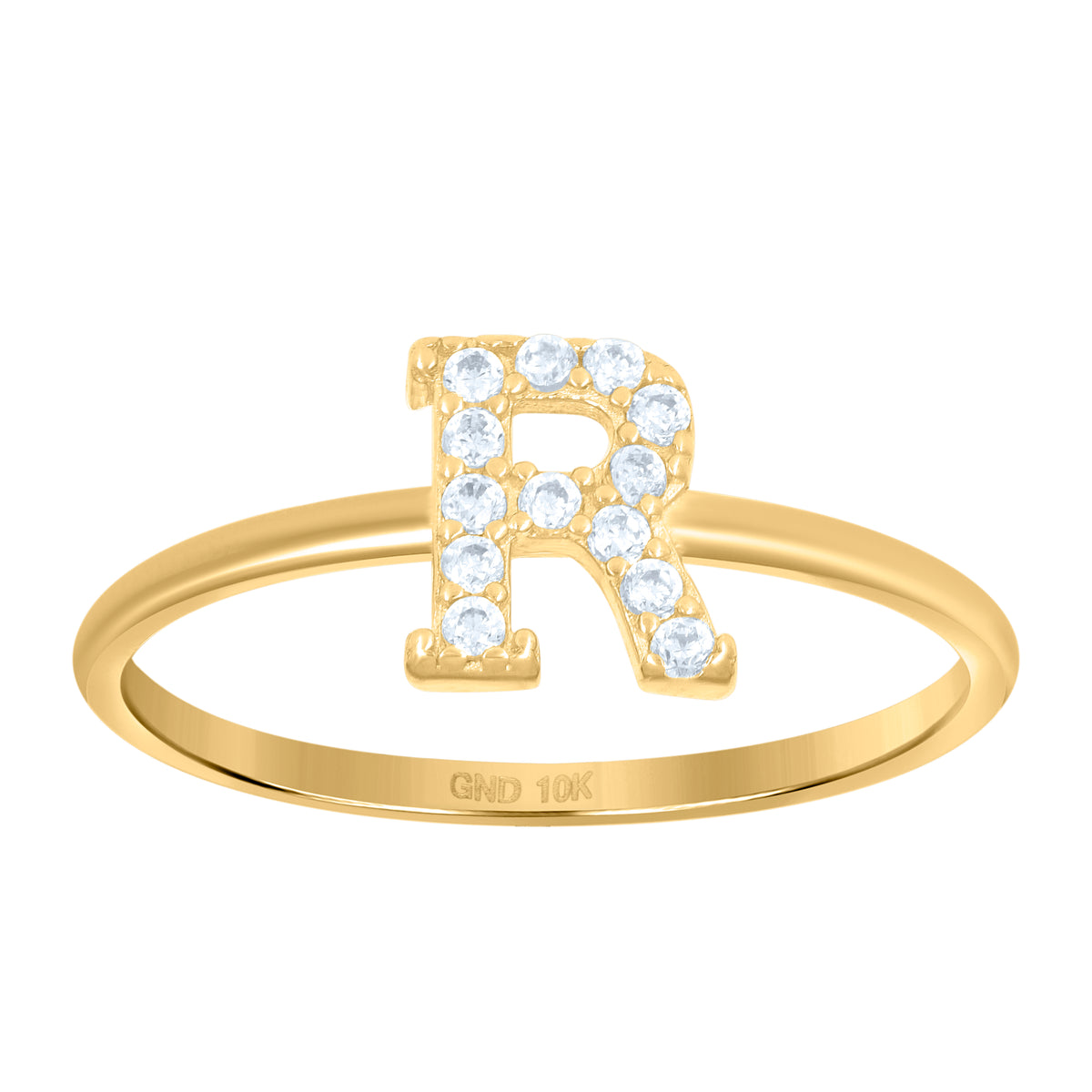 10K Yellow Gold Womens Cubic Zirconia Initial Alphabet R Ring