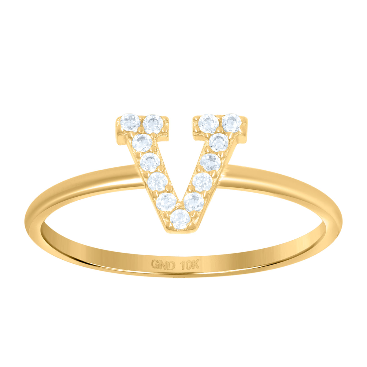 10K Yellow Gold Womens Cubic Zirconia Initial Alphabet V Ring