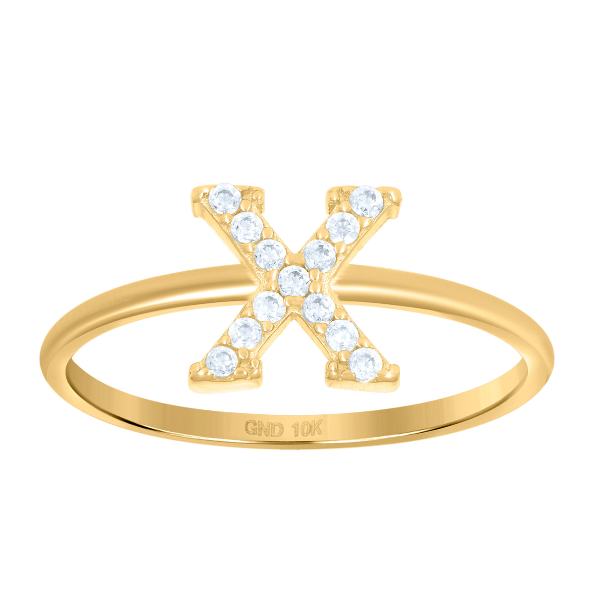 10K Yellow Gold Womens Cubic Zirconia Initial Alphabet X Ring