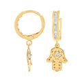 10K Yellow Gold Unisex Cubic-Zirconia Hamsa Dangle Hoop Earrings