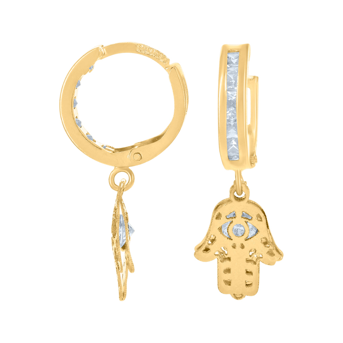 10K Yellow Gold Unisex Cubic-Zirconia Hamsa Dangle Hoop Earrings