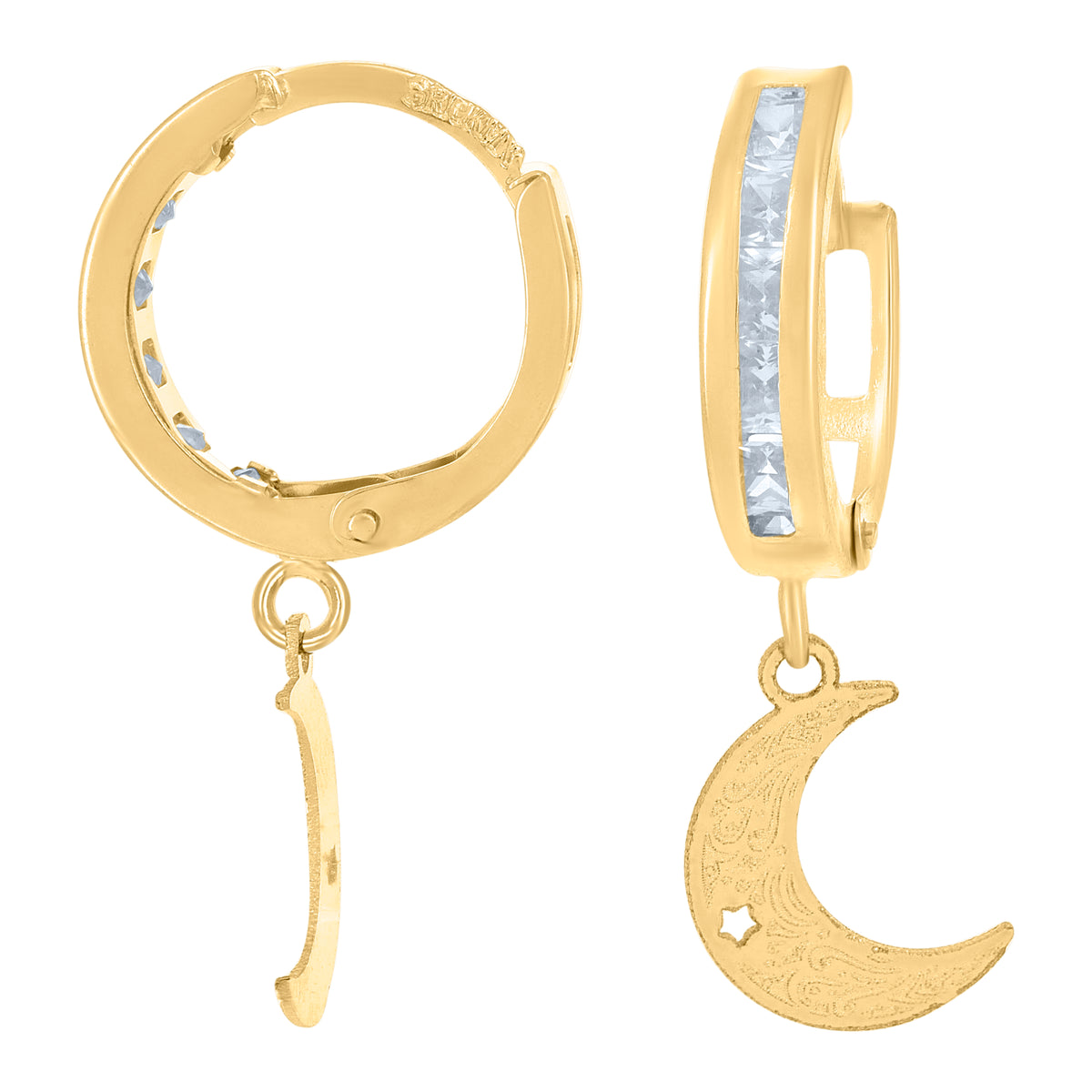 10K Yellow Gold Unisex Cubic-Zirconia Moon Dangle Hoop Earrings