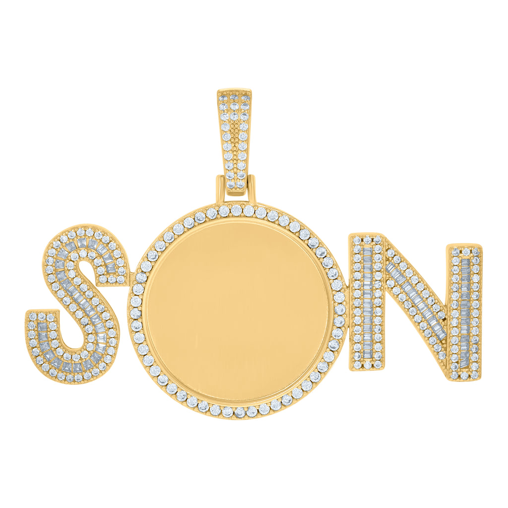 925 Sterling Silver Yellow-Tone Mens Baguette Round Cubic-Zirconia SN Fashion Picture Frame Charm Pendant