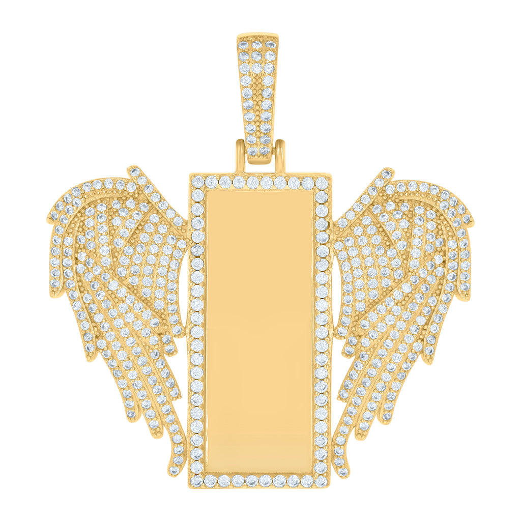 925 Sterling Silver Yellow-Tone Mens Cubic-Zirconia Flying Dog Tag Fashion Picture Frame Charm Pendant
