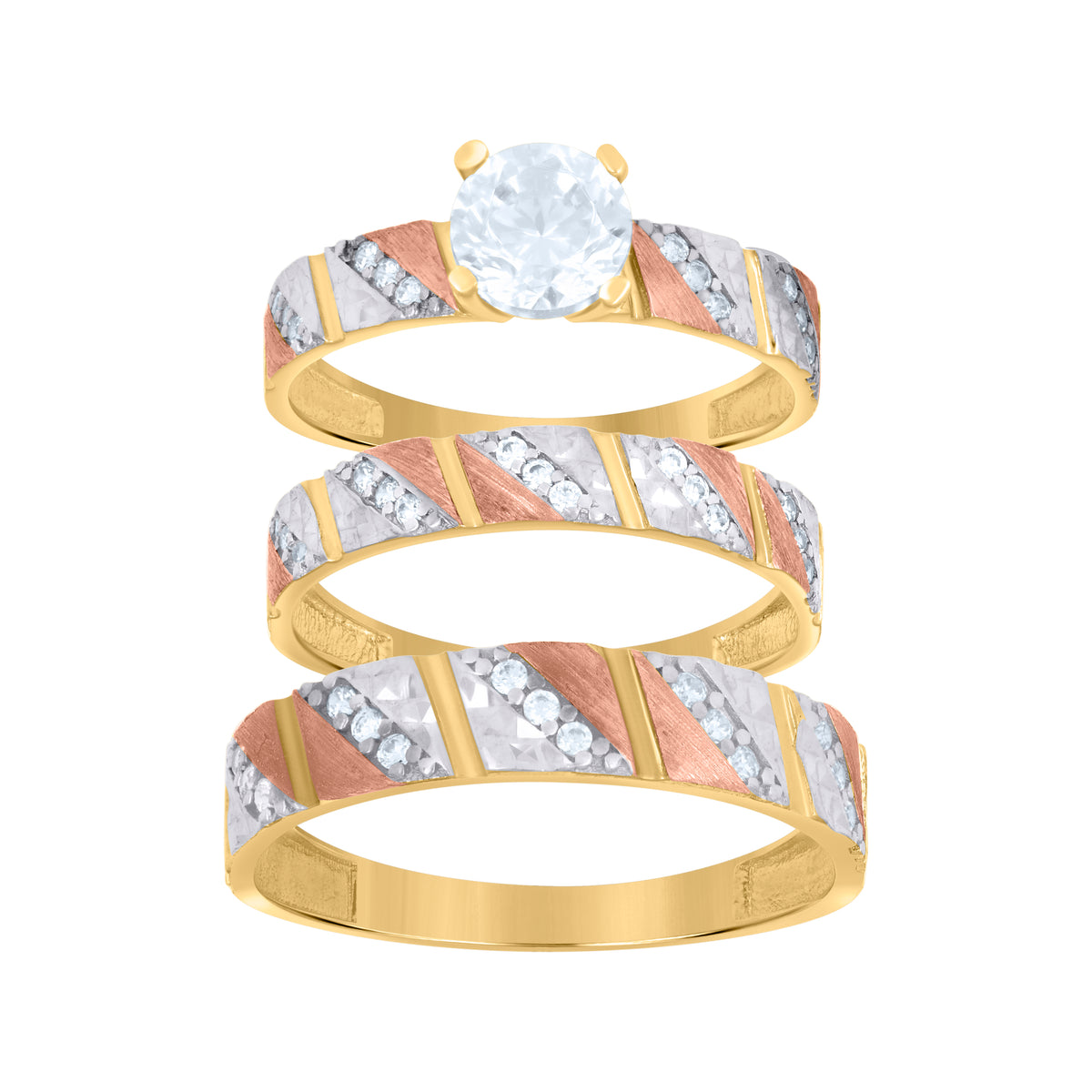 10K Tri-Color Gold Womens Cubic-Zirconia Trio Ring Set