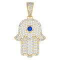 925 Sterling Silver Yellow-Tone Mens Blue White Baguette Round Cubic-Zirconia Hamsa Religious Charm Pendant