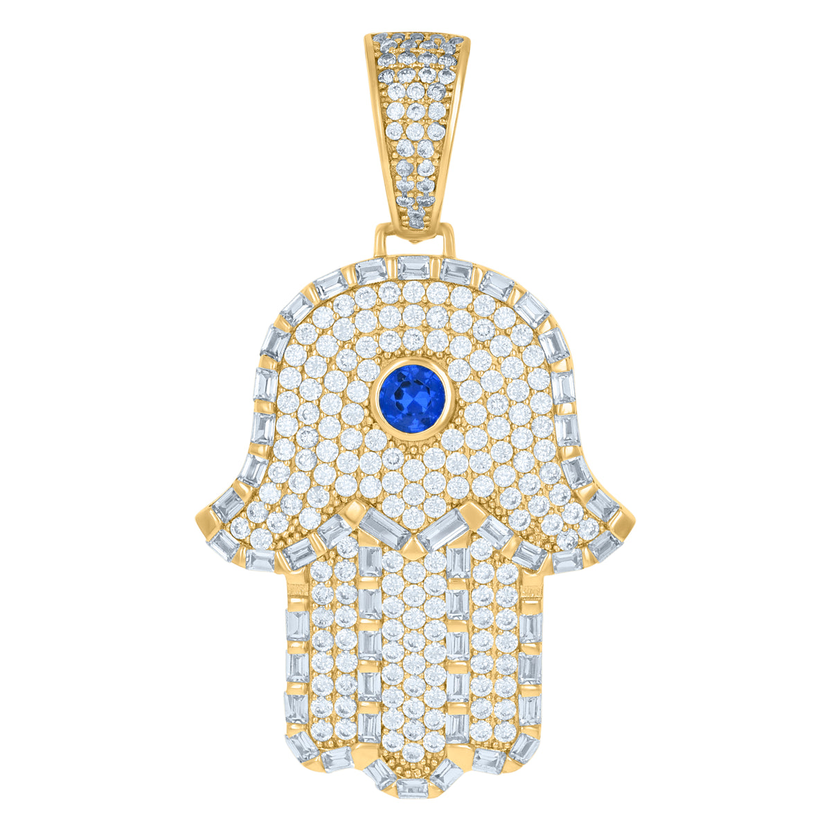 925 Sterling Silver Yellow-Tone Mens Blue White Baguette Round Cubic-Zirconia Hamsa Religious Charm Pendant