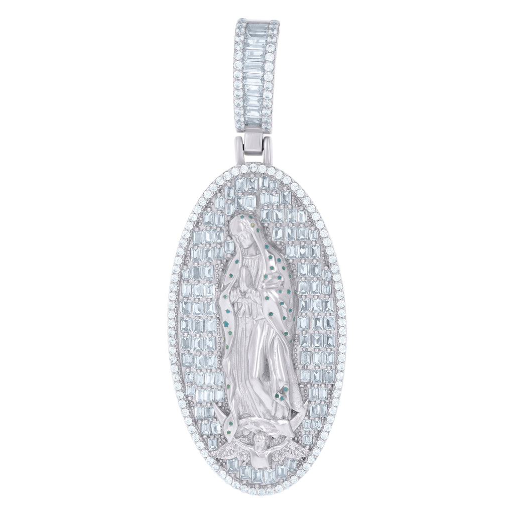 925 Sterling Silver Mens Baguette Round Cubic-Zirconia Guadalupe Religious Charm Pendant