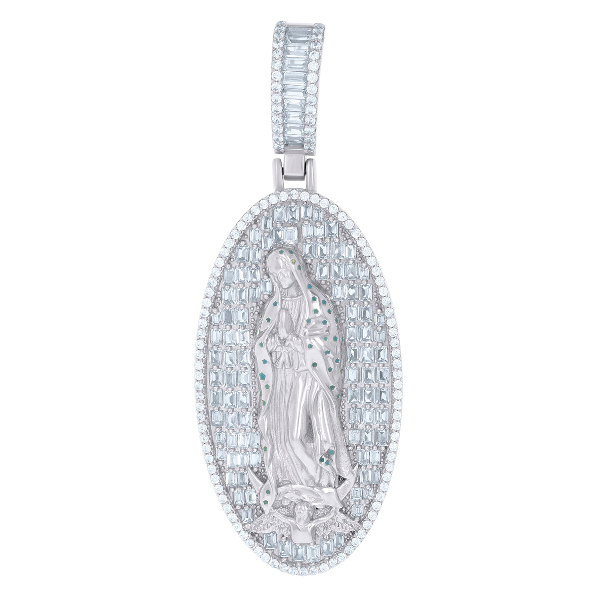 925 Sterling Silver Mens Baguette Round Cubic-Zirconia Guadalupe Religious Charm Pendant