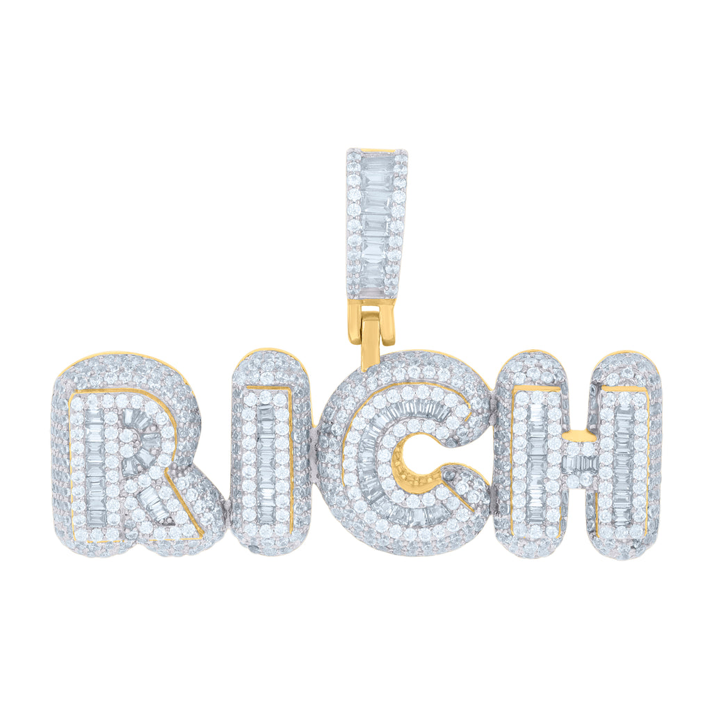 925 Sterling Silver Yellow-tone Mens Baguette Round Cubic-Zirconia Rich Talking Fashion Charm Pendant