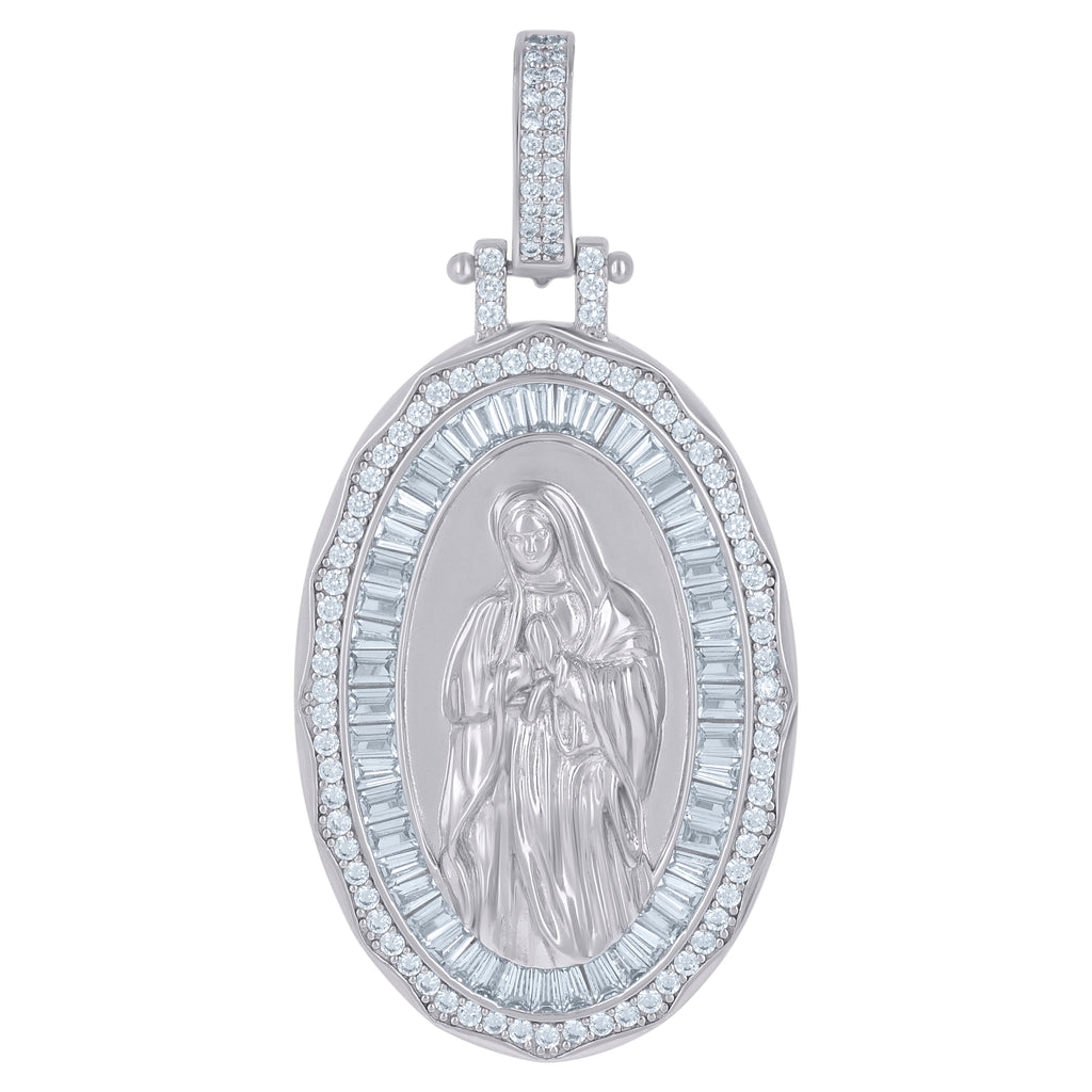 925 Sterling Silver Mens Baguette Round Cubic-Zirconia Guadalupe Religious Charm Pendant