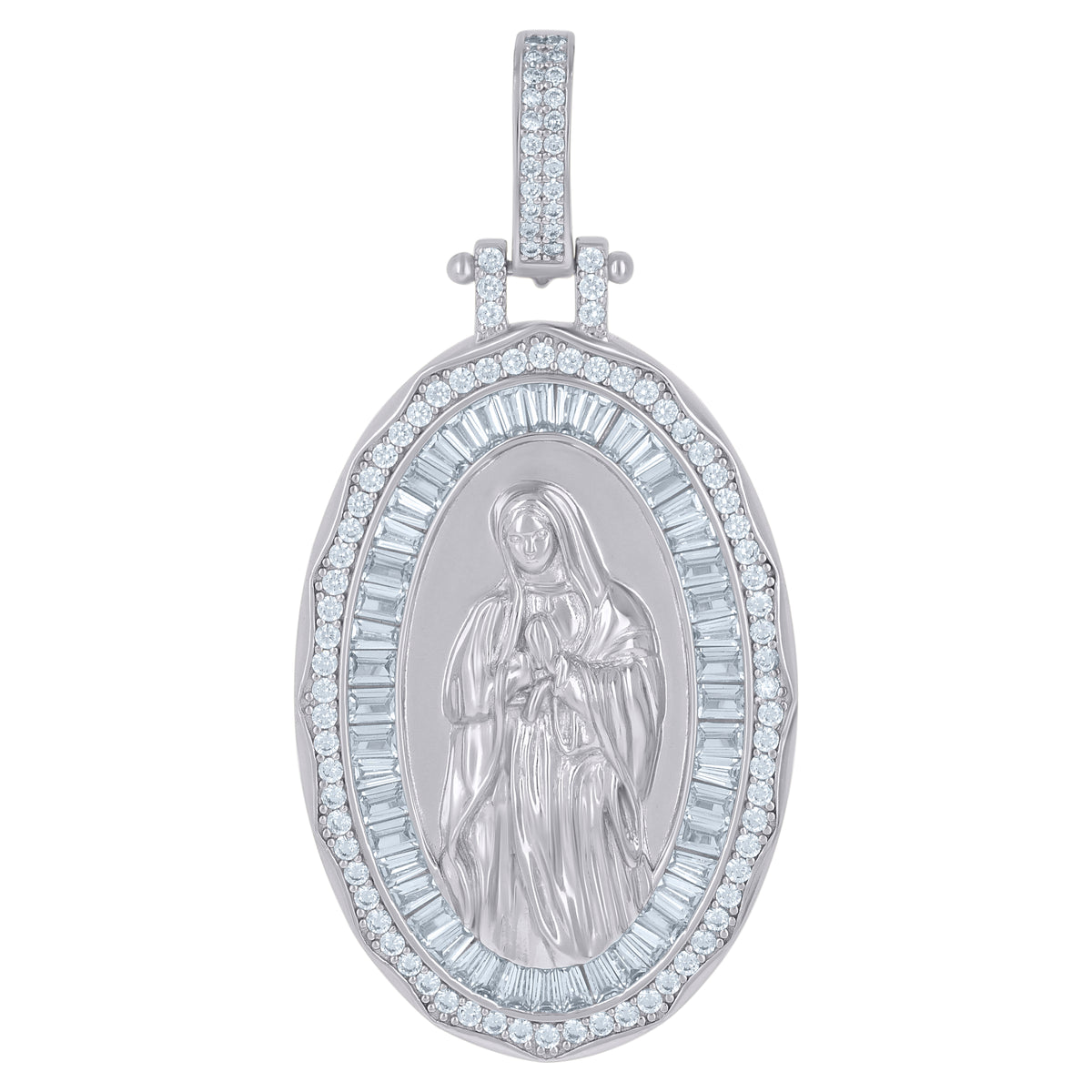 925 Sterling Silver Mens Baguette Round Cubic-Zirconia Guadalupe Religious Charm Pendant