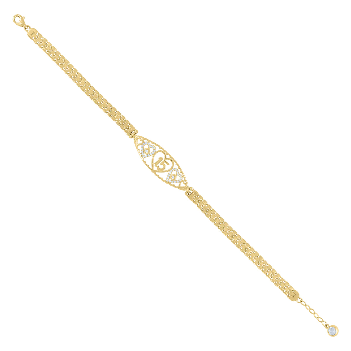 10K Yellow Gold Womens Cubic-Zirconia Heart 15 Anos Quinceanera Charm Bracelet Size 8 Inches