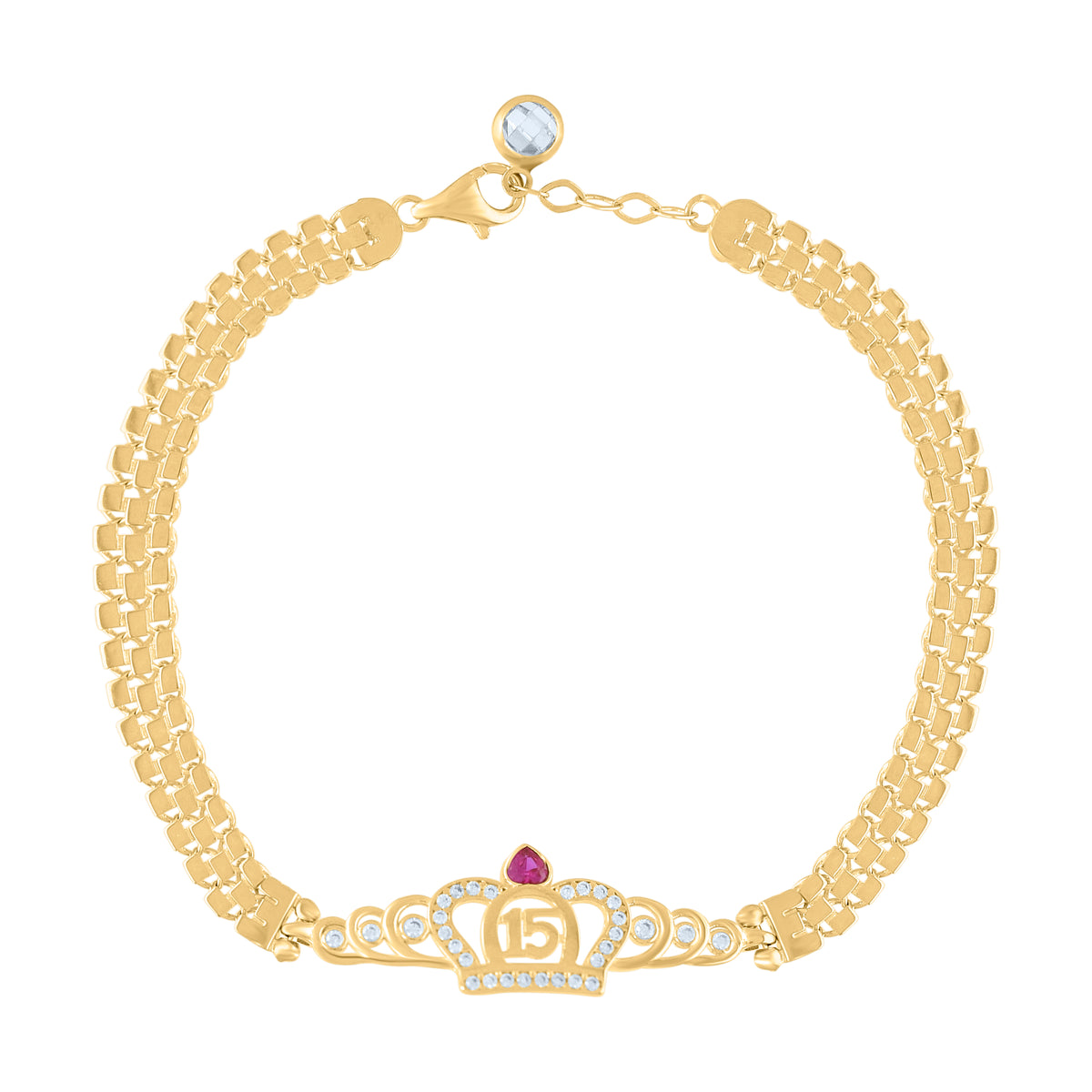 10K Yellow Gold Womens Pink White Cubic-Zirconia Sweet 15 Anos Quinceanera Crown Charm Bracelet Size 8 Inches