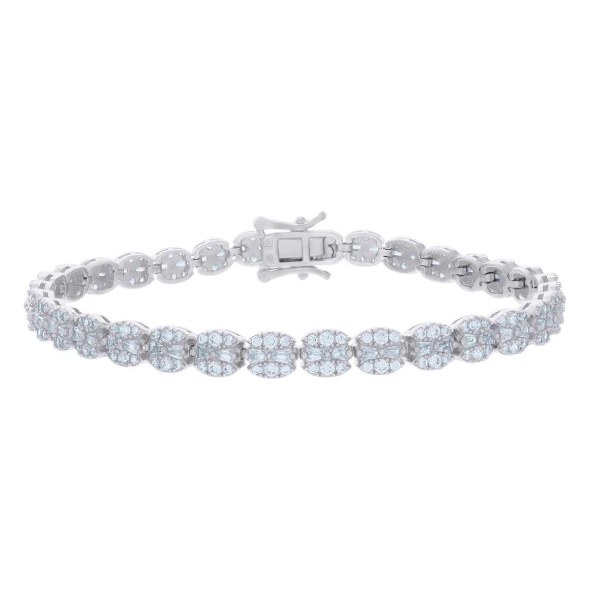925 Sterling Silver Womens Baguette Round Cubic-Zirconia Fashion Link Bracelet Size 7 Inches