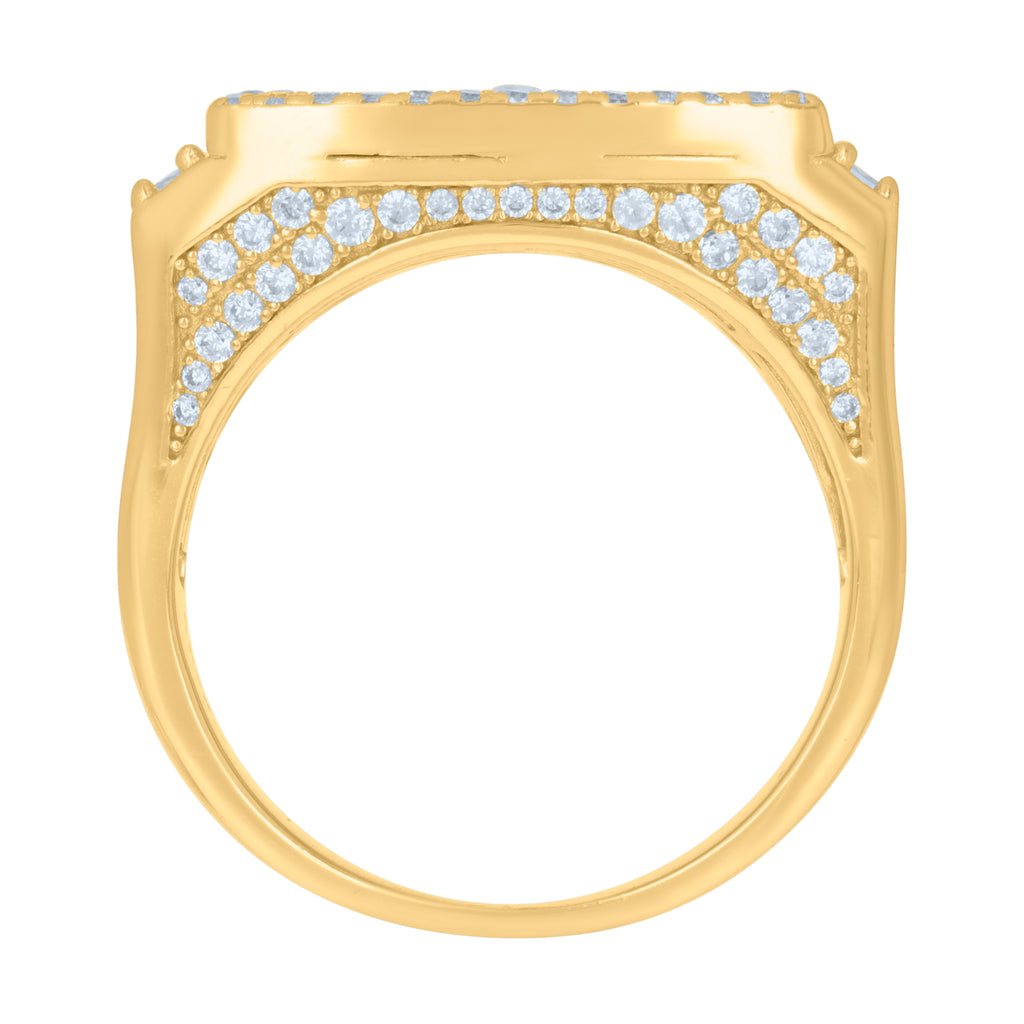 925 Sterling Silver Yellow-tone Mens Baguette Round Cubic-Zirconia Crucifix Cross Religious Ring Size 9