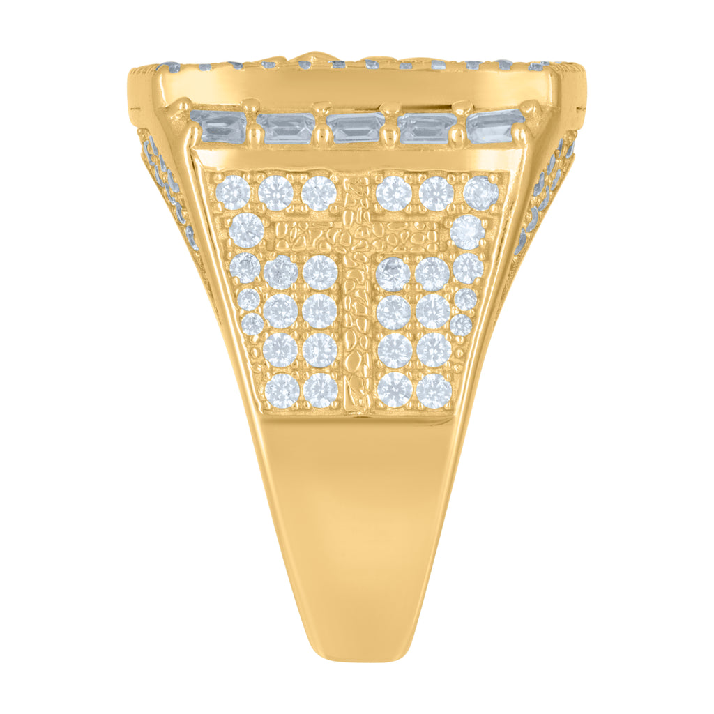 925 Sterling Silver Yellow-tone Mens Baguette Round Cubic-Zirconia Crucifix Cross Religious Ring Size 9