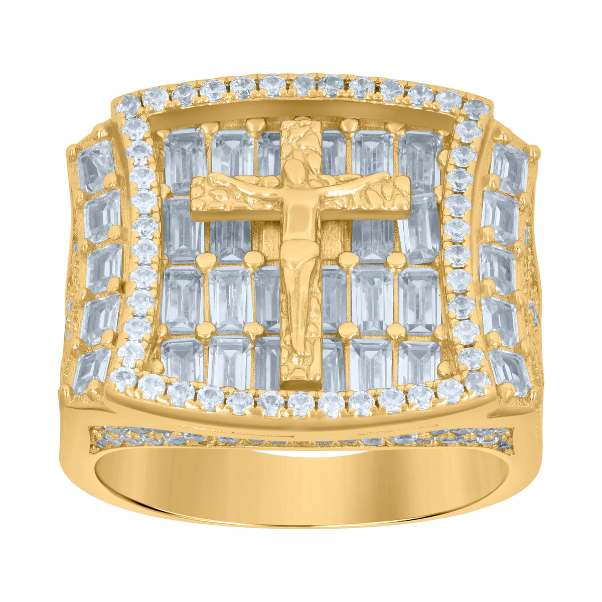 925 Sterling Silver Yellow-tone Mens Baguette Round Cubic-Zirconia Crucifix Cross Religious Ring Size 12