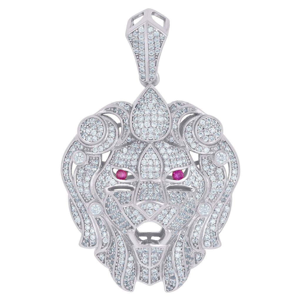 925 Sterling Silver Mens Purple White Cubic-Zirconia Leo/Lion Head Animal Zodiac Sign/Wildlife Charm Pendant