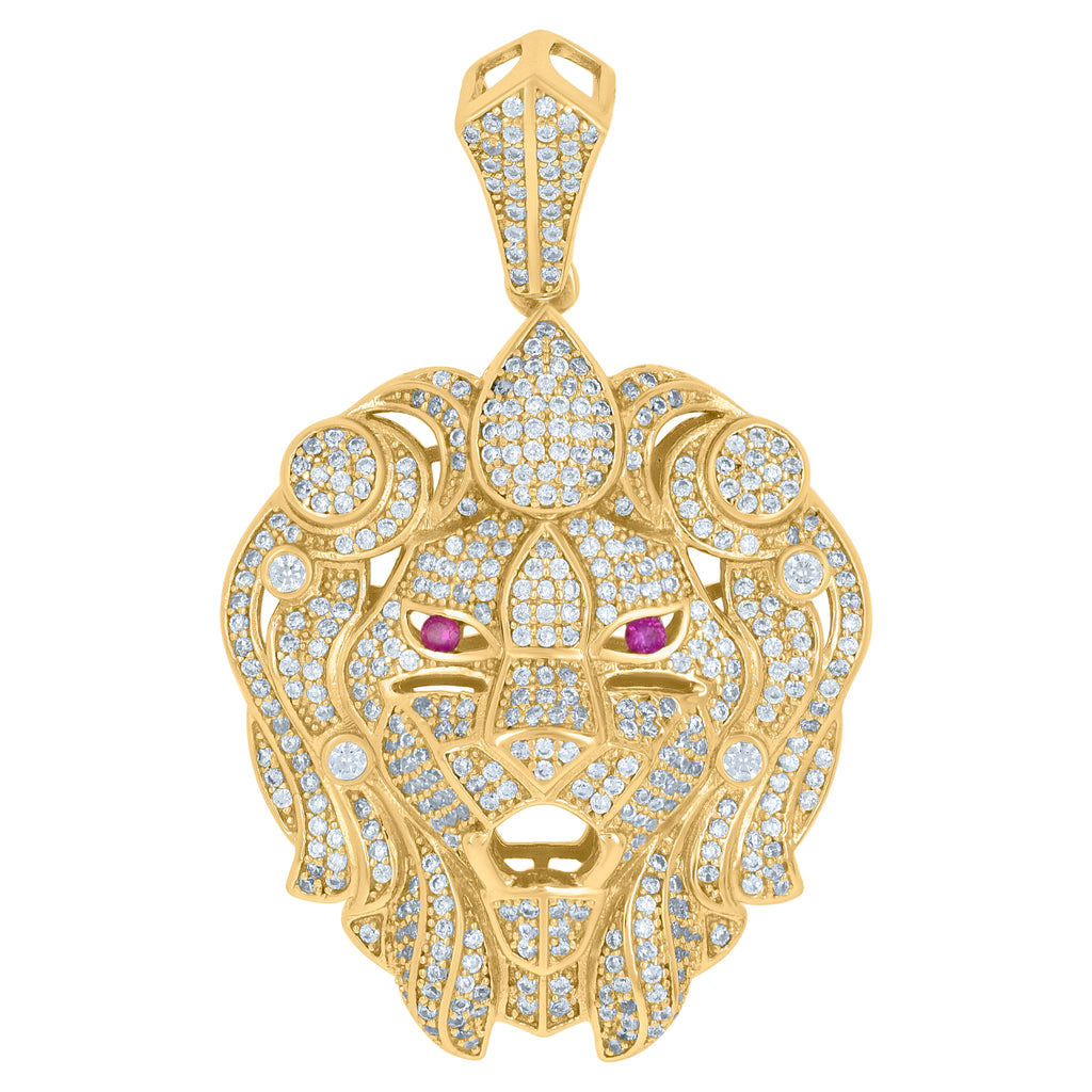 925 Sterling Silver Mens Purple White Cubic-Zirconia Leo/Lion Head Animal Zodiac Sign/Wildlife Charm Pendant