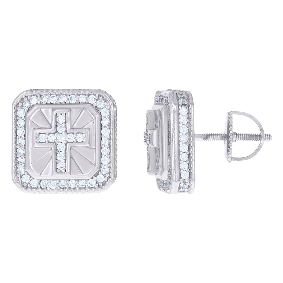 925 Sterling Silver Men Cubic-Zirconia Cross Religious Stud Earrings