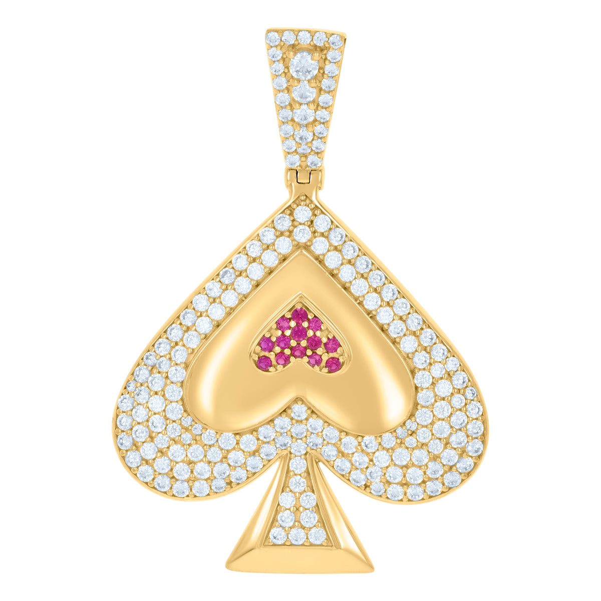 10K Yellow Gold Mens Pink White Cubic-Zirconia Spade Playing Cards Gambling Charm Pendant