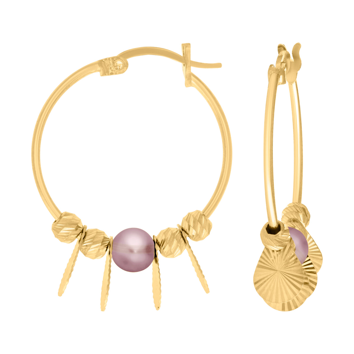 10K Yellow Gold Womens Pink Beaded Fashion Hoop Earrings