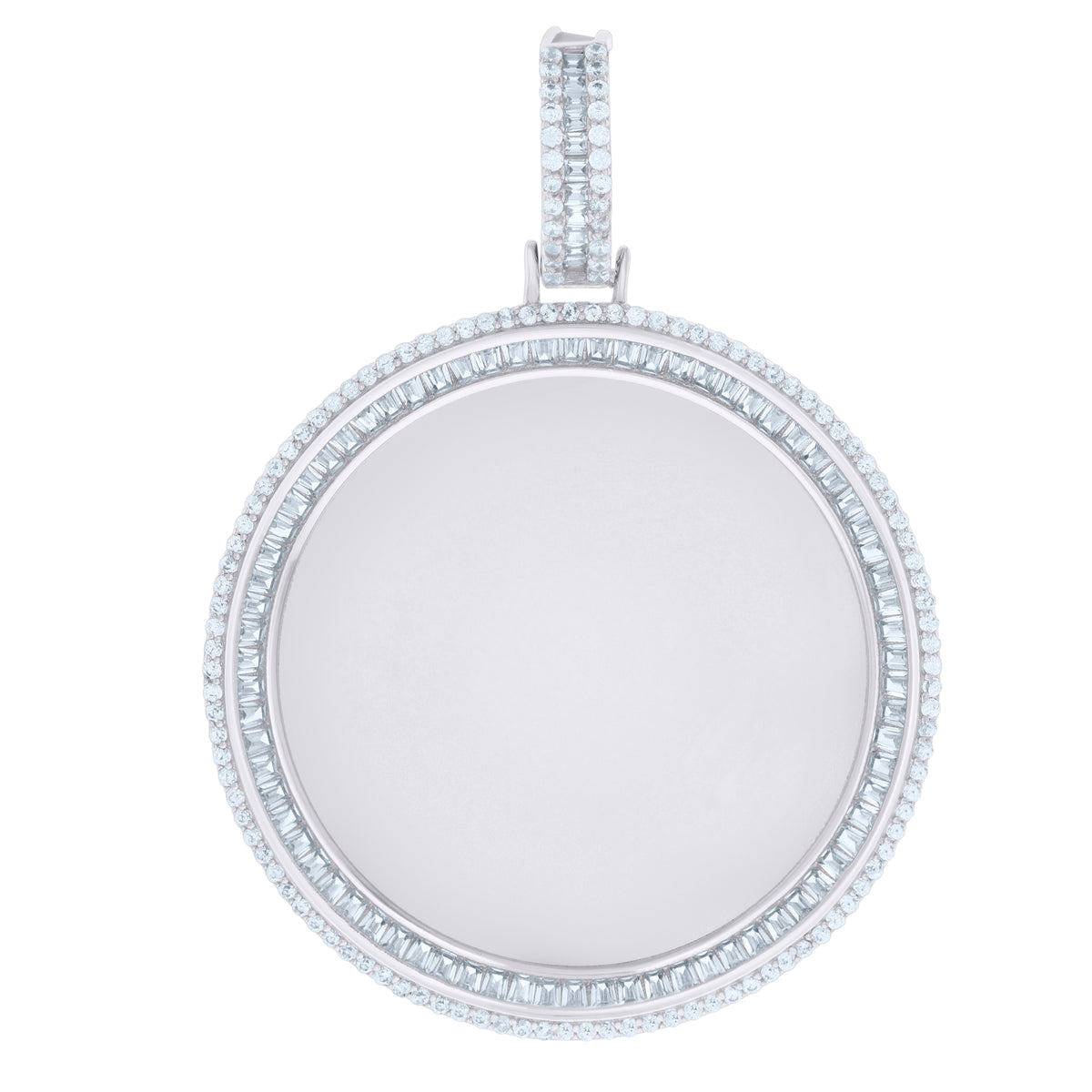 925 Sterling Silver Men Baguette Round Cubic-Zirconia Picture Frame Charm Pendant