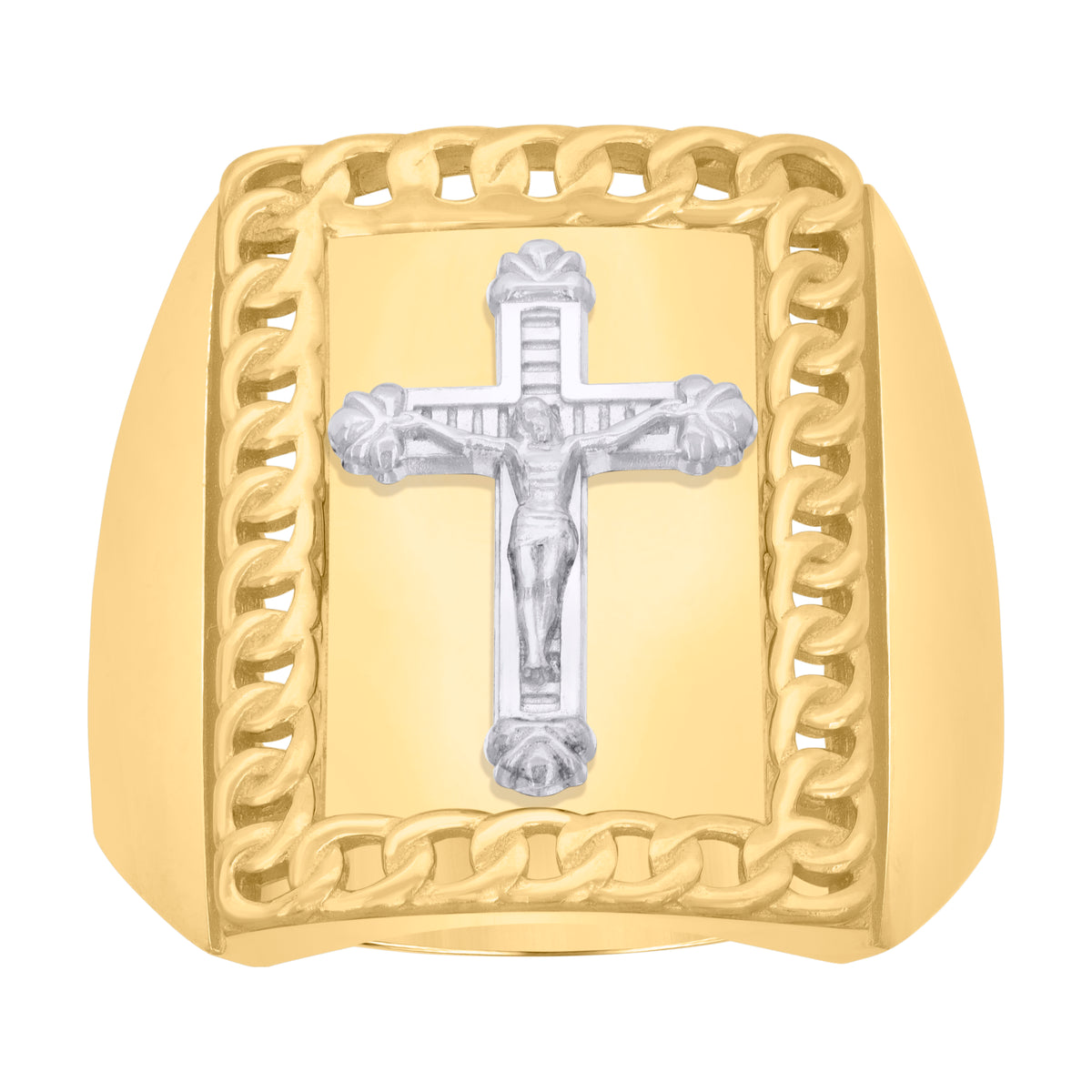 10K Two-Tone Gold Mens Crucifix Cross Religious Ring