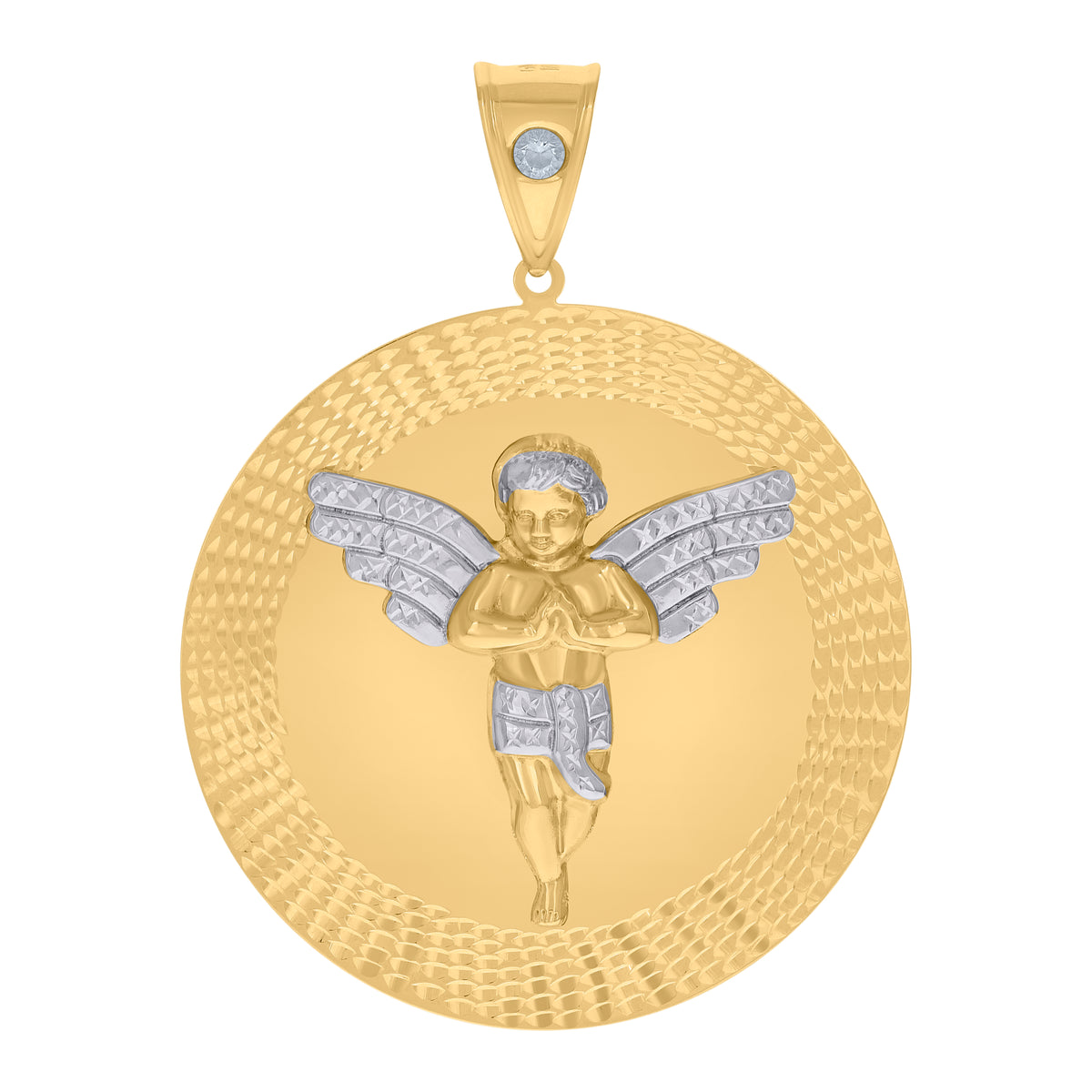 10K Two-tone Gold Mens Cubic-Zirconia Medallion Angel Religious Charm Pendant