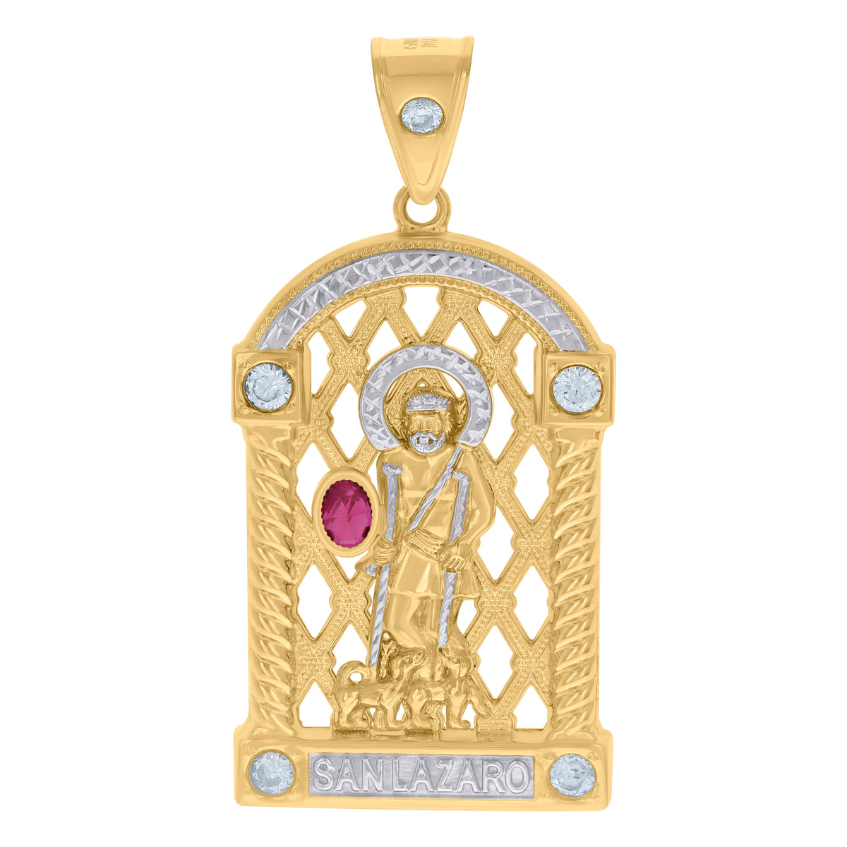 10K Two-tone Gold Mens Red White Oval Round Cubic-Zirconia St. Lazarus Religious Charm Pendant