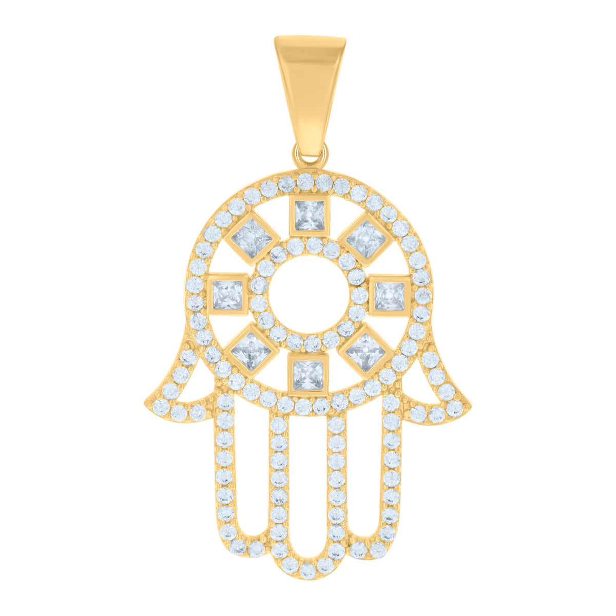 10K Yellow Gold Mens Princess Cut Round Cubic-Zirconia Hamsa Symbol Religious Charm Pendant