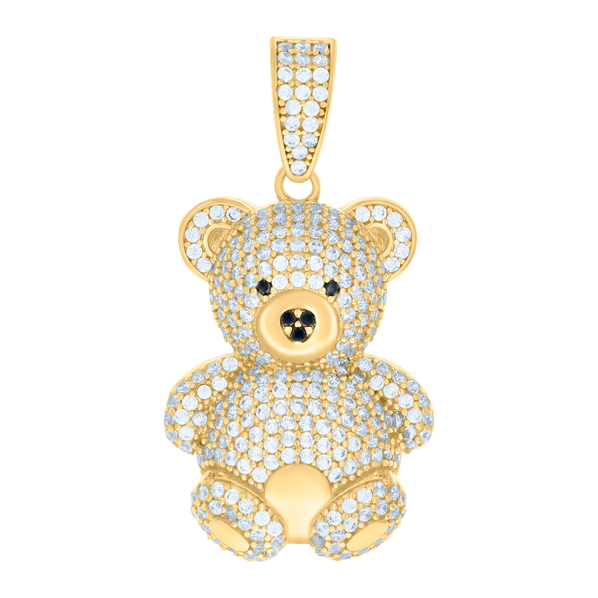 10K Yellow Gold Mens Black White Cubic-Zirconia Teddy Bear Charm Pendant