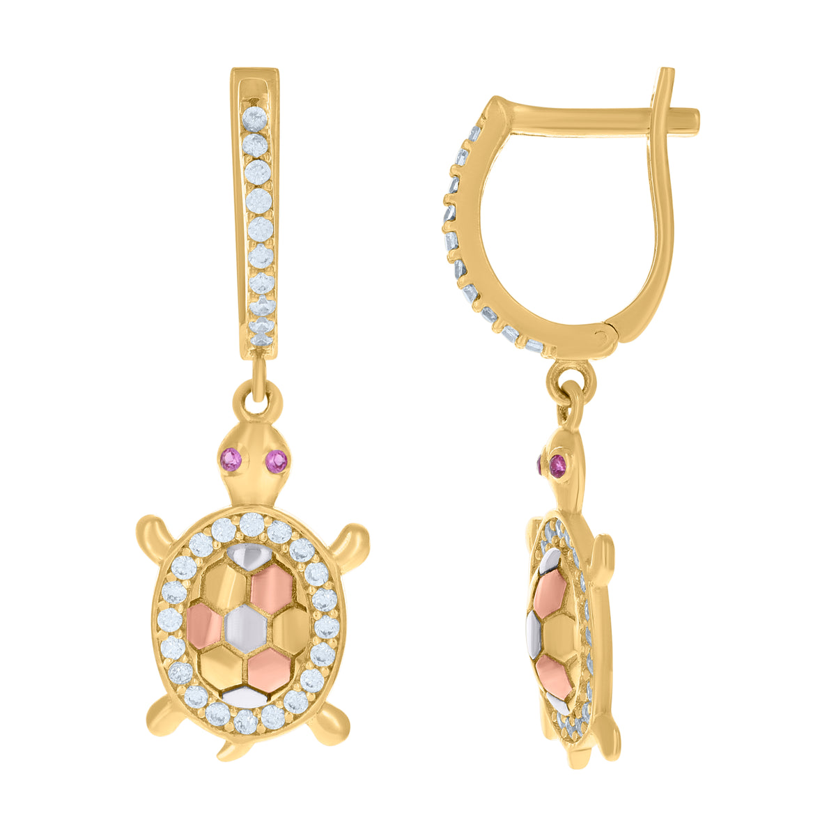 10K Tri-Color Gold Womens Pink White Cubic-Zirconia Tortoise Danglers Earrings