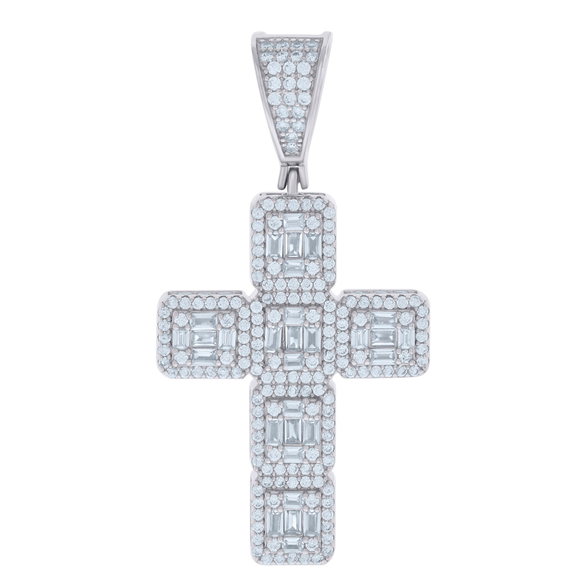 925 Sterling Silver Mens Baguette Round Cubic-Zirconia Cross Religious Charm Pendant