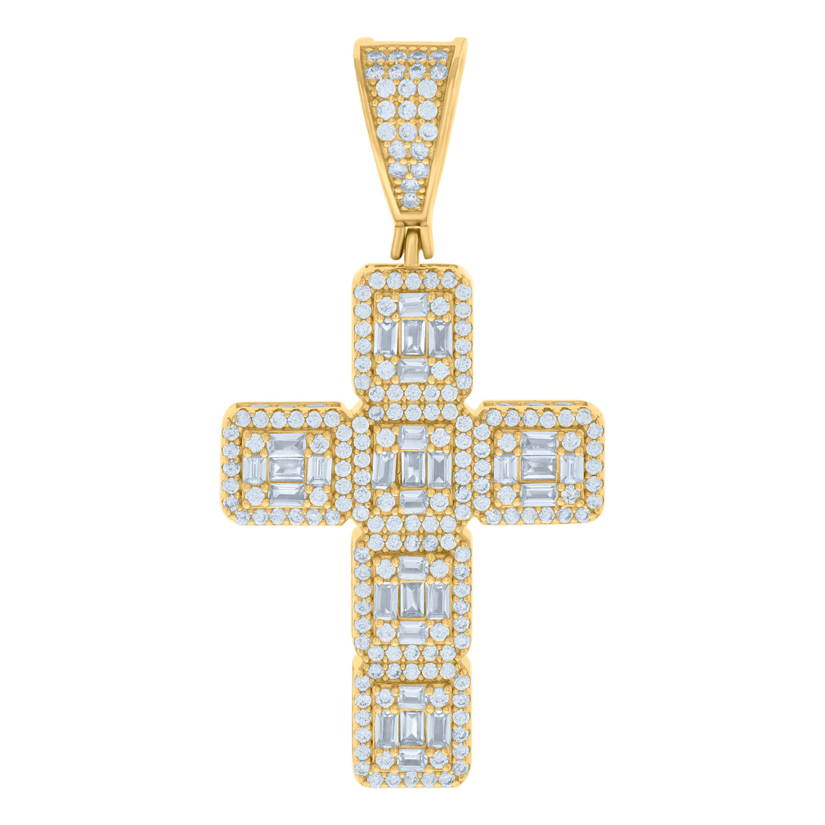 925 Sterling Silver Yellow-tone Mens Baguette Round Cubic-Zirconia Cross Religious Charm Pendant