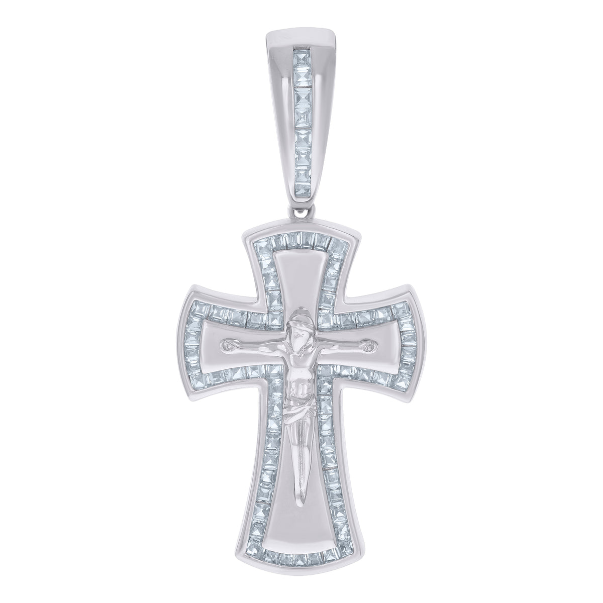 925 Sterling Silver Mens Baguette Cubic-Zirconia Crucifix Cross Religious Charm Pendant