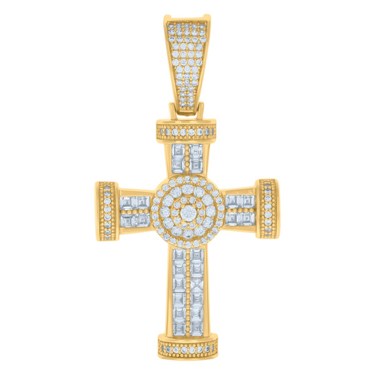 925 Sterling Silver Yellow-tone Mens Baguette Round Cubic-Zirconia Cross Religious Charm Pendant