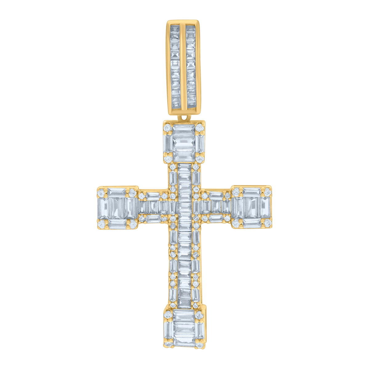 925 Sterling Silver Yellow-tone Mens Baguette Round Cubic-Zirconia Cross Religious Charm Pendant