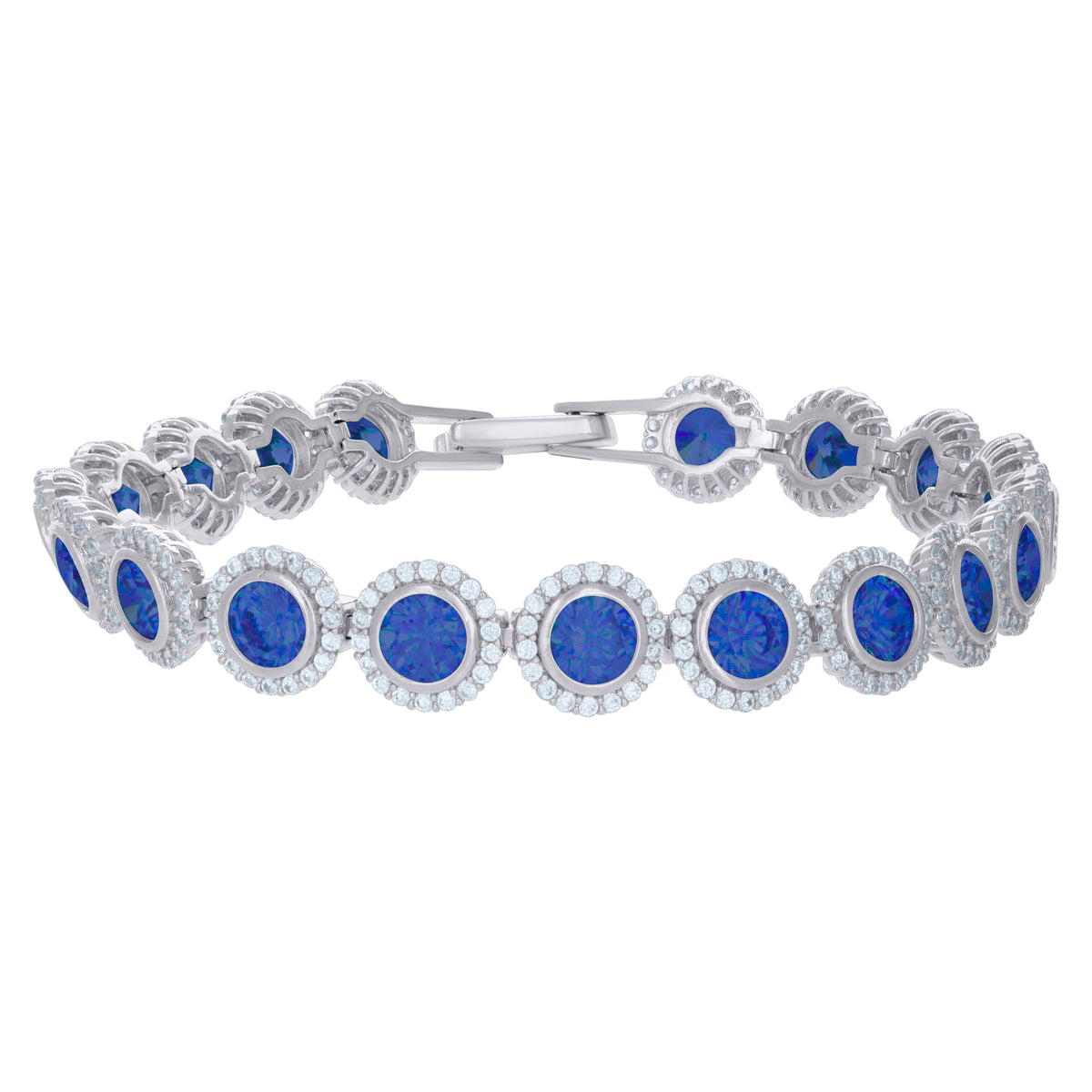 925 Sterling Silver Womens Blue White Cubic-Zirconia Link Fashion Bracelet Size 7 Inches