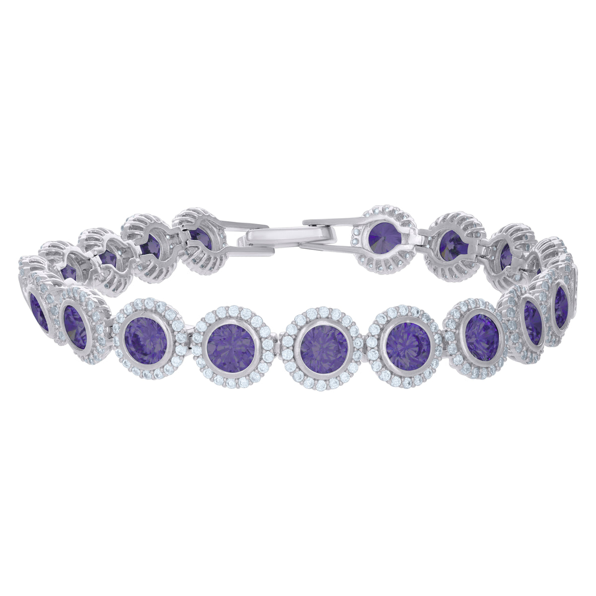 925 Sterling Silver Womens Purple White Cubic-Zirconia Link Fashion Bracelet Size 7 Inches