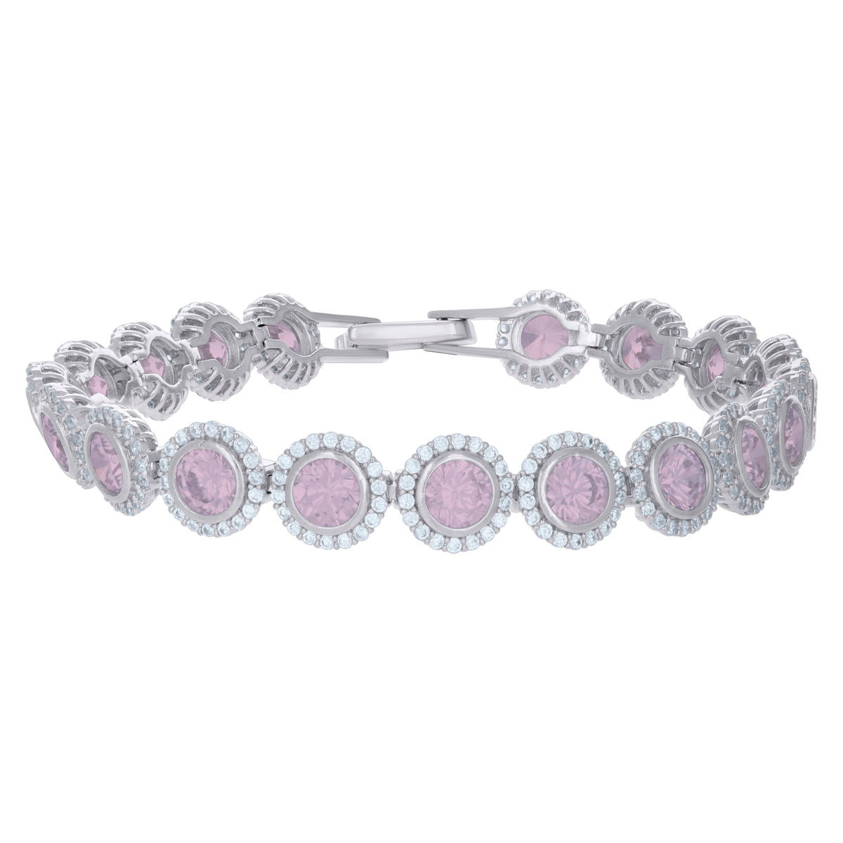 925 Sterling Silver Womens Pink White Cubic-Zirconia Link Fashion Bracelet Size 7 Inches