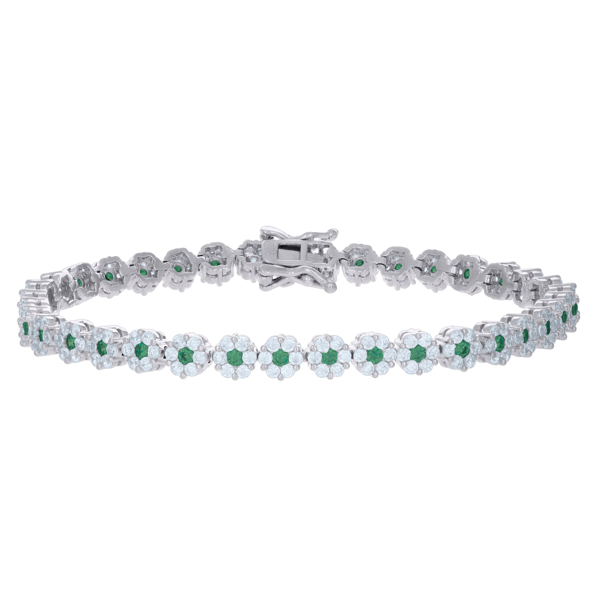 925 Sterling Silver Womens Green White Cubic-Zirconia Flower Link Fashion Bracelet Size 7 Inches