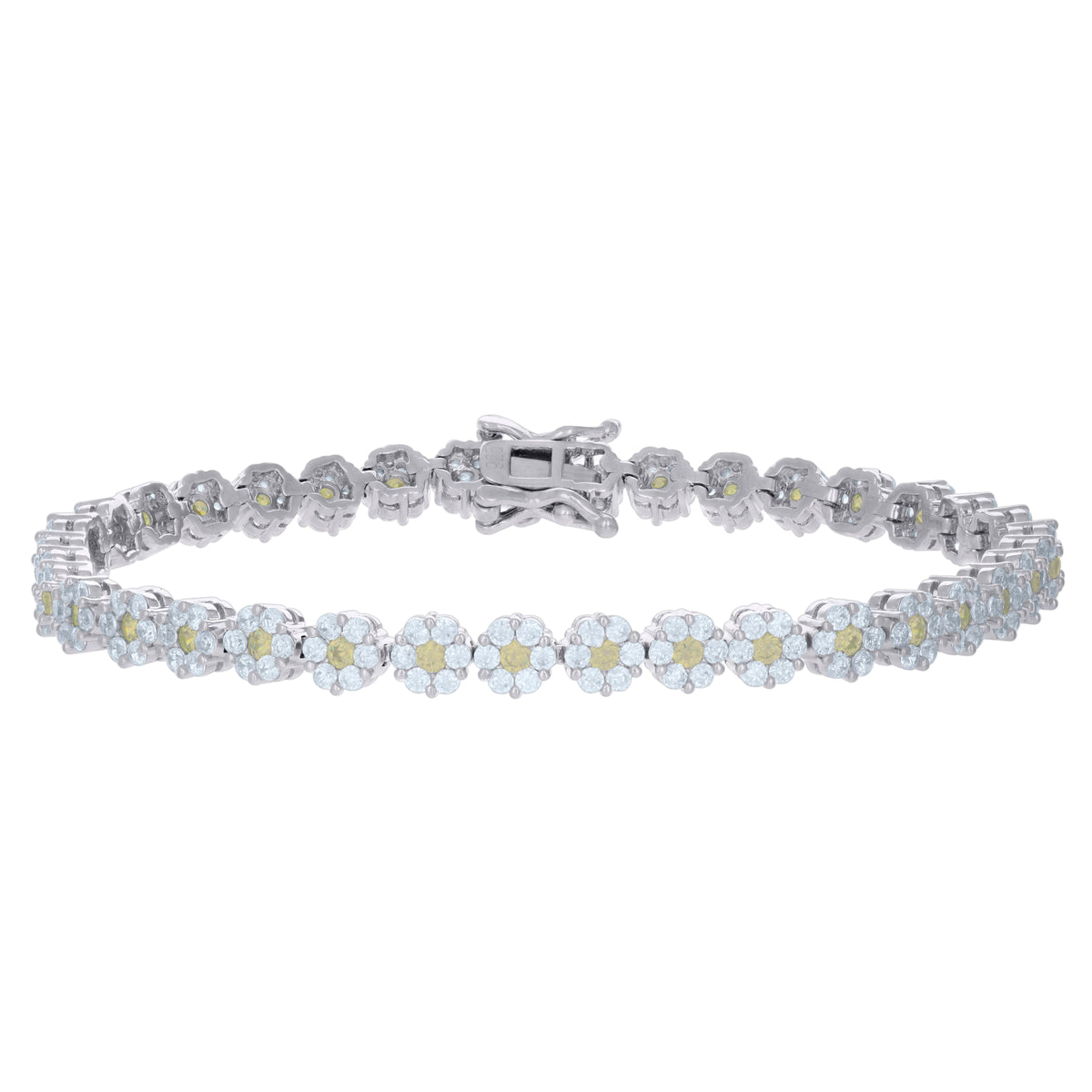 925 Sterling Silver Womens Yellow White Cubic-Zirconia Flower Link Fashion Bracelet Size 7 Inches